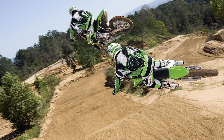 green and black dirtbike, JUMPS, EXTREME, FLIGHTS, MOTOCROSS, HD wallpaper