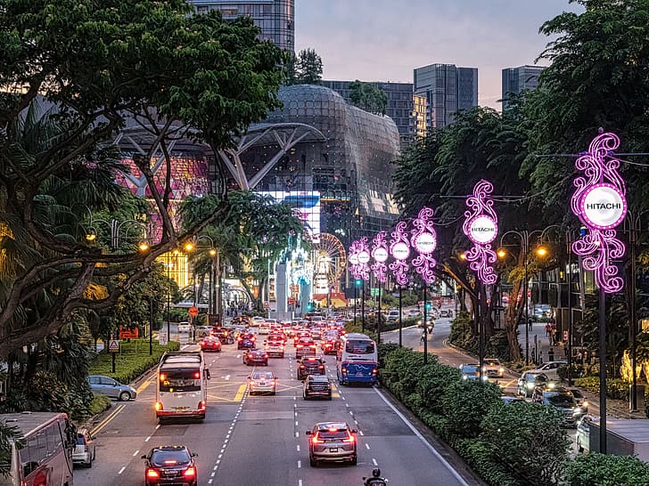 път, дървета, машина, градът, транспорт, сграда, вечерта, осветление, Сингапур, Orchard Road, HD тапет