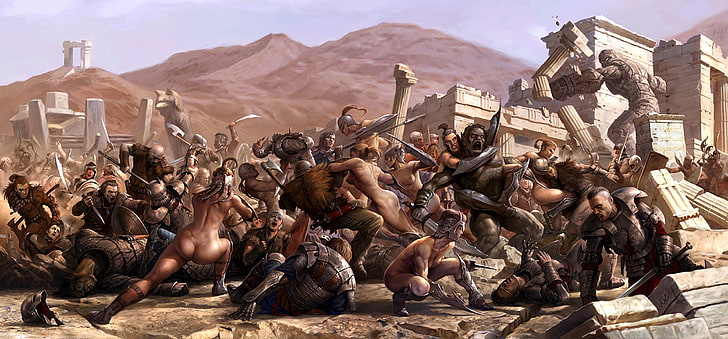 video game screenshot, blood, monsters, ruins, the battle, Art, warriors, Amazon, HD wallpaper