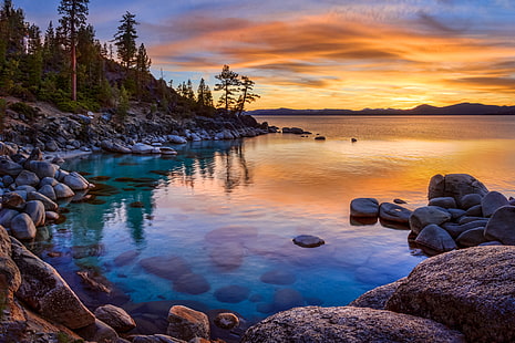 gri taş parçası, gün batımı, taşlar, California, Nevada, Göl, Tahoe Gölü, Sierra, HD masaüstü duvar kağıdı HD wallpaper