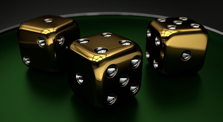 3D Dice 01, three gold-and-silver dice, Artistic, 3D, Dice, gambling, HD wallpaper