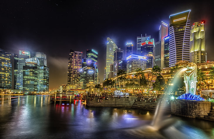 Merlion illustration, city, lights, singapore, HD wallpaper