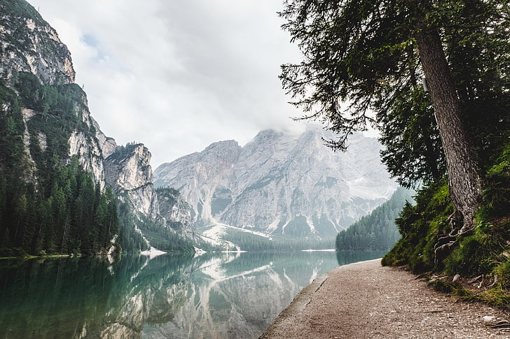 alam, salju, pohon, air, Danau Pragser, Italia, danau, South Tyrol, Wallpaper HD
