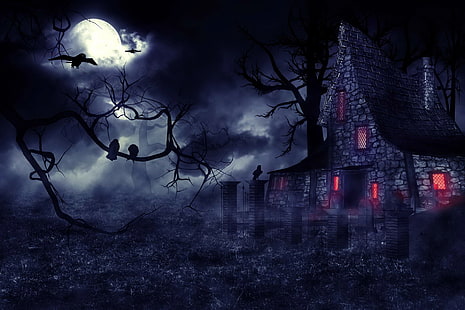Sombre, maison, terrifiant, maison hantée, lune, nuit, corbeau, arbre, Fond d'écran HD HD wallpaper