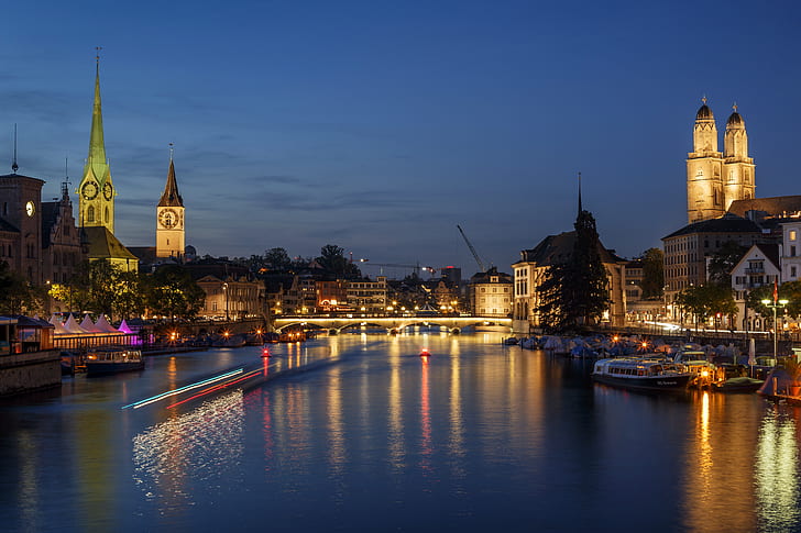 night, bridge, lights, river, watch, home, Switzerland, tower, boats, piers, Zurich, HD wallpaper