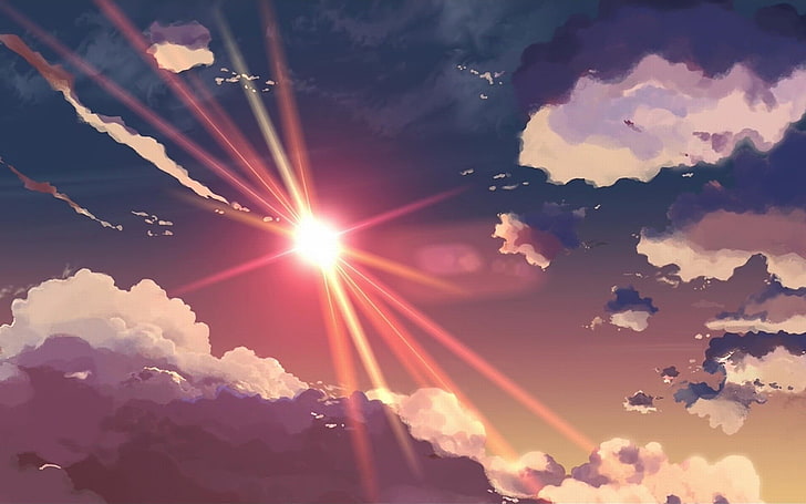 białe chmury i błękitne niebo, chmury, słońce, promienie słoneczne, grafika, promienie słoneczne, Makoto Shinkai, 5 centymetrów na sekundę, Tapety HD