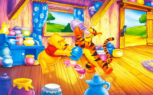 Winnie The Pooh Tigrão E Leitão Potes Com Mel Desenhos Animados Walt Disney Desktop Wallpapers Hd 1920 × 1200, HD papel de parede HD wallpaper