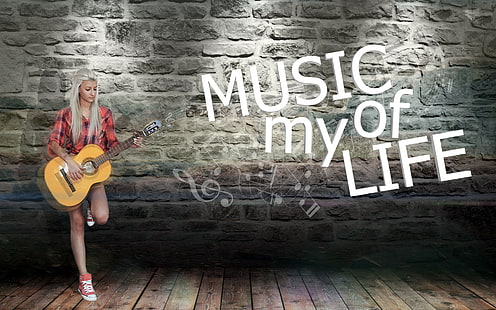 brown classical guitar, musician, music, guitar, life, feelings, women, songs, Music is Life, typography, musical instrument, wall, HD wallpaper HD wallpaper