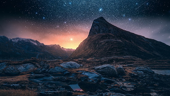 природа, небо, астрономия, звездная ночь, звездное небо, гора, звезды, ночное небо, тьма, ночь, скала, пейзаж, горный хребет, вселенная, исландия, звезда, HD обои HD wallpaper