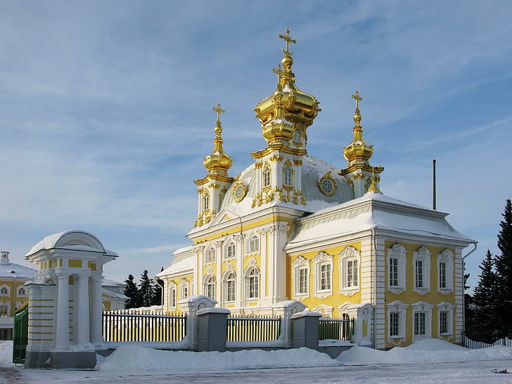 Сверкающая церковь, грандиозная, петергоф, церковь, святой, петербург, блестящая, русская, дворец, снег, зима, животные, HD обои