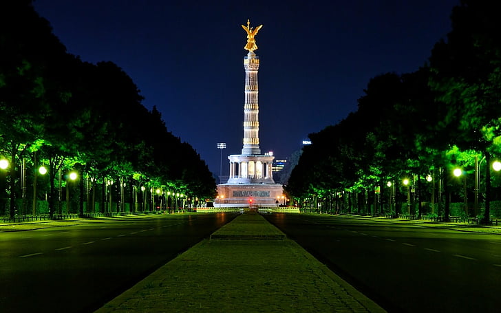 Monuments, Berlin Victory Column, Architecture, Berlin, Germany, Light, Night, HD wallpaper