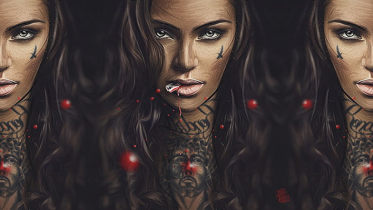 woman with neck tattoo illustration, eyes, face, blade, Girl, lips, art, illustration, Max Twain, Retouch, Alchemy, HD wallpaper