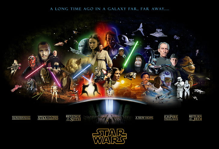 Star Wars, Anakin Skywalker, Boba Fett, C-3PO, Chewbacca, Count Dooku, Darth Maul, Darth Sidious, Darth Vader, General Grievous, Han Solo, Jabba the Hutt, Jango Fett, Jar Jar Binks, Lando Calrissian, Leia Organa,Spada laser, Luke Skywalker, Mace Windu, Film, Obi-Wan Kenobi, Padmé Amidala, Qui-gon Jinn, R2-D2, Yoda, Sfondo HD
