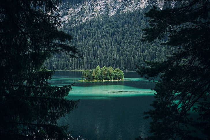 природа, пейзаж, фотография, изумруд, вода, езеро, гора, зелено, остров, планини, Германия, HD тапет