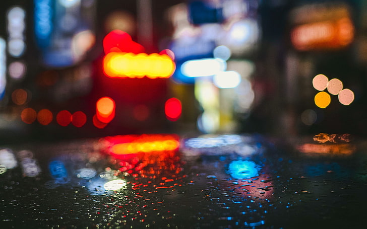 Kota closeup jalan hujan malam hari, Wallpaper HD
