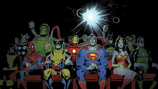 Комиксы, DC против Marvel, Бэтмен, Зеленый Фонарь, Железный Человек, Человек-Паук, Супермен, Росомаха, Чудо-Женщина, HD обои HD wallpaper