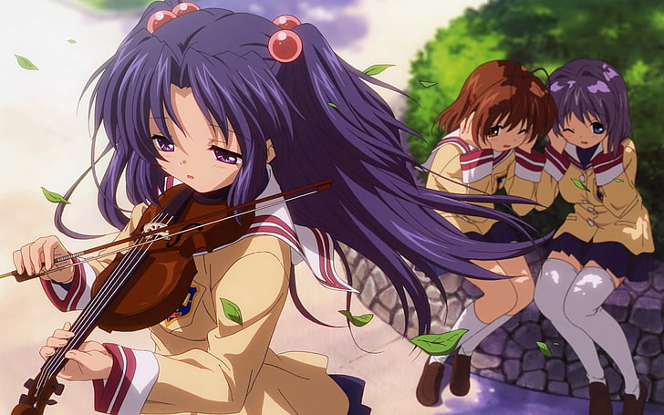 three female anime characters digital wallpaper, anime, girls, violin, bow, park, foliage, noise, hostility, HD wallpaper