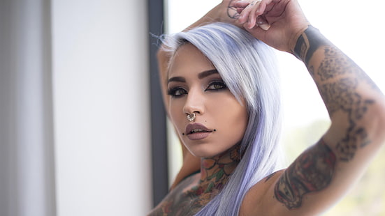 Fishball Suicide, cabello violeta, tatuaje, piercing, Suicide Girls, Fondo de pantalla HD HD wallpaper