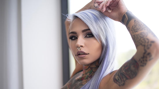 violet hair, piercing, Fishball Suicide, tattoo, Suicide Girls, HD wallpaper HD wallpaper