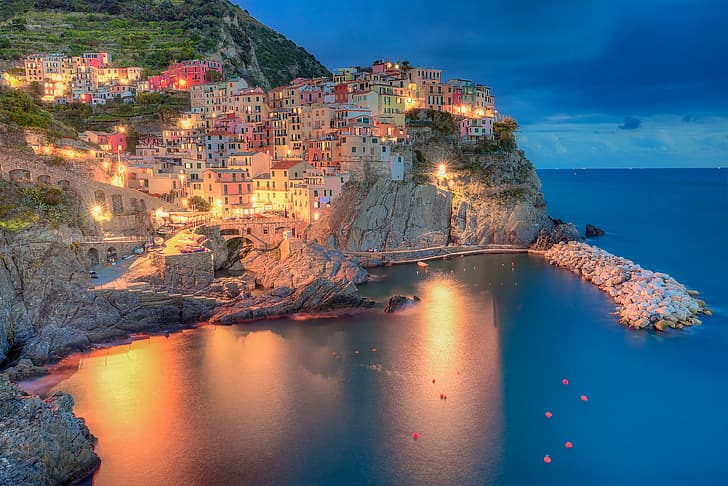 mar, rock, costa, edificio, casa, Bahía, Italia, El mar de Liguria, Manarola, Cinque Terre, Mar de Liguria, Fondo de pantalla HD