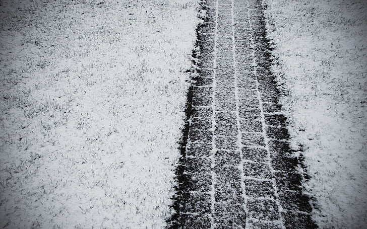 tracks, snow, grass, winter, tire tracks, HD wallpaper