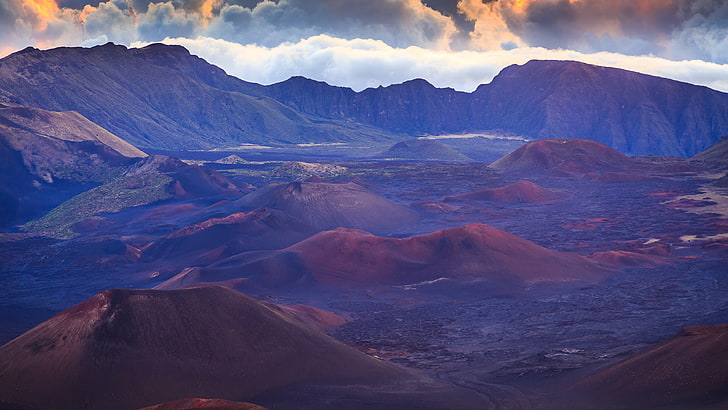 górski krajobraz, Maui, Hawaje, wulkan, przyroda, krajobraz, wzgórza, pustynia, chmury, Tapety HD