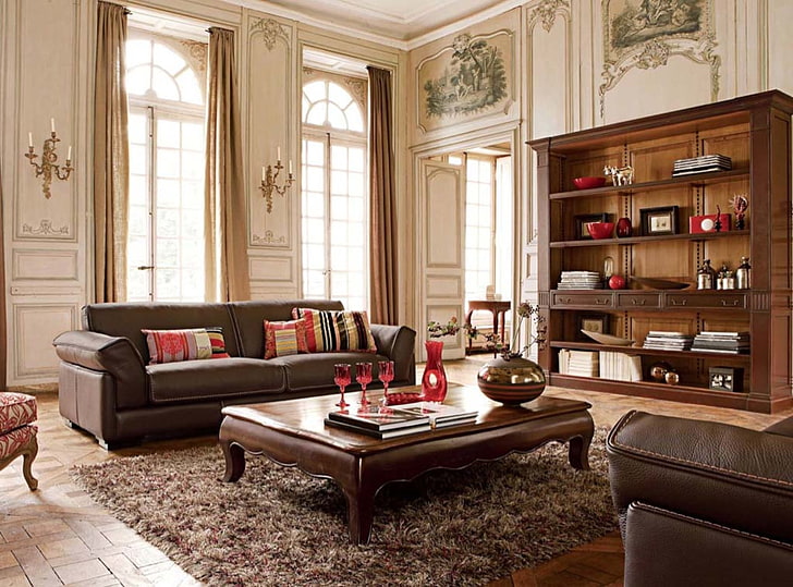 brown leather 2-piece sofa set, design, style, room, Villa, interior, living room, Dom-castle, HD wallpaper