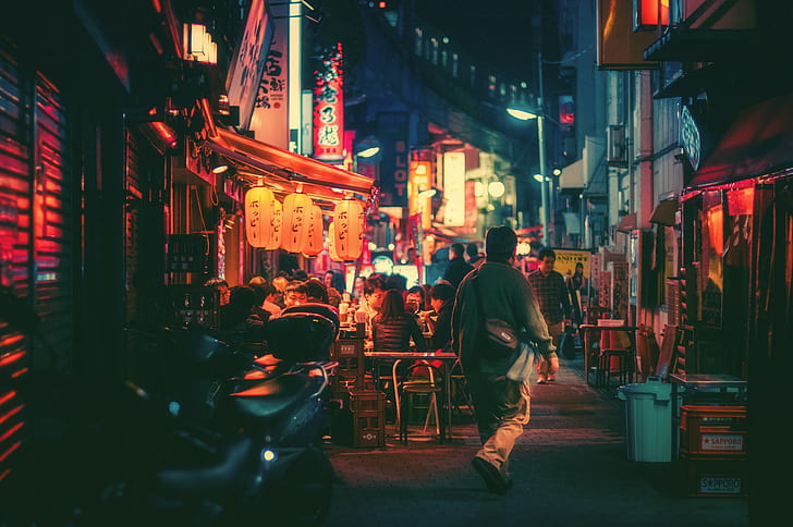 city, town, night, Japan, HD wallpaper