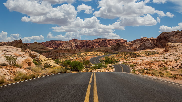 clouds, rocks, road, desert, landscape, HD wallpaper