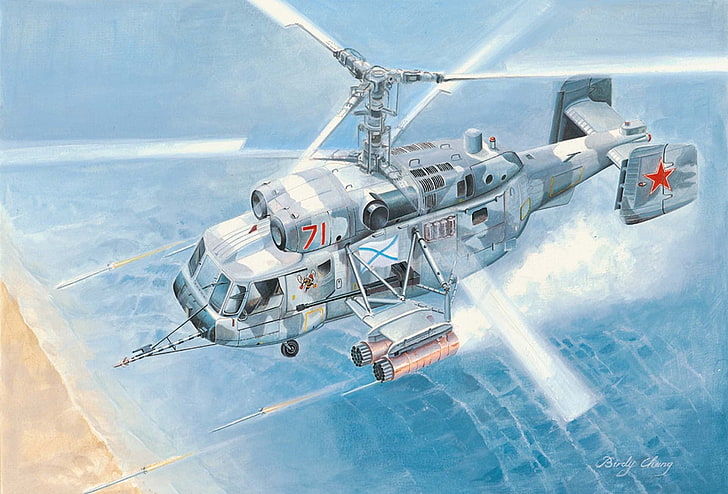 Серый вертолет с цифровыми обоями, Вертолет, следуя на глубину до 500 м, в простых и неблагоприятных погодных условиях, ОКБ Камова, может обеспечить выполнение тактических задач днем ​​и ночью, предназначенных для обнаружения, отслеживания и уничтожения подводных лодок Ка-27., был создан в конце 70 г.г., во всех географических широтах., советский противолодочный вертолет, HD обои