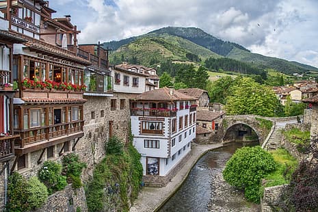 Asturias, İspanya, nehir, dağlar, manzara, ev, otel, restoran, köy, HD masaüstü duvar kağıdı HD wallpaper