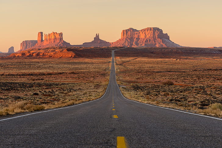 Jalan Monumen Valleye, monumen lembah di utah-arizona, AS, Utah, Monumen Valley, batu, gurun, jalan, Wallpaper HD