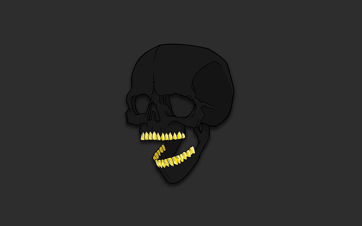 czarno-żółta tapeta cyfrowa ludzka czaszka, czaszka, kości, grafika, humor, minimalizm, zęby, złoto, Tapety HD