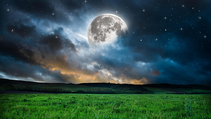 lune, pleine lune, pleine lune, prairie, herbe, champ, nuit, horizon, objet astronomique, paysage, ciel, clair de lune, nuage, phénomène, super lune, étoilé, jour, atmosphère, nature, Fond d'écran HD