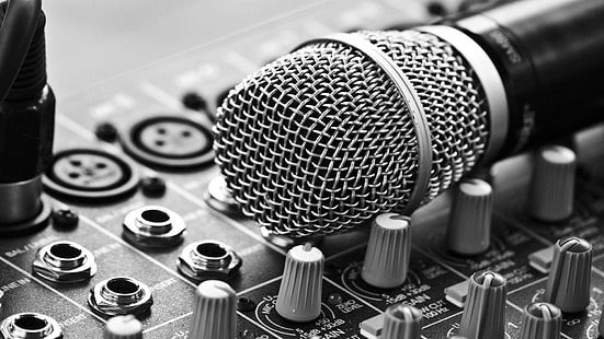 black and gray microphone and mixing console, monochrome, photography, closeup, microphone, mixing consoles, technology, music, depth of field, buttons, HD wallpaper HD wallpaper