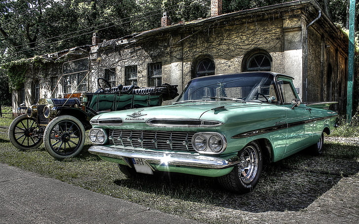 vintage teal coupe, Chevrolet, Oldtimer, car, vintage, HDR, vehicle, HD wallpaper