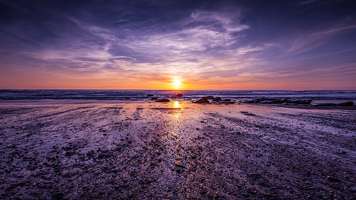 beach during sunset, Atlantic ocean, 5k, 4k wallpaper, Cornwall, England, shore, sunset, clouds, HD wallpaper