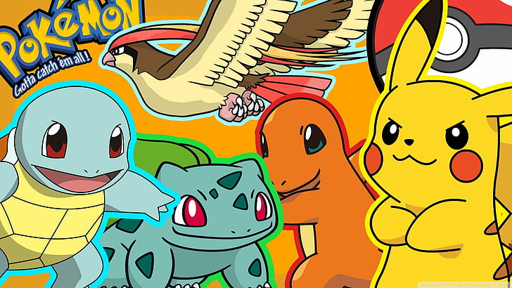 Pokémon, Bulbasaur (Pokémon), Charmander (Pokémon), Pidgeot (Pokémon), Pikachu, Squirtle (Pokémon), HD-Hintergrundbild