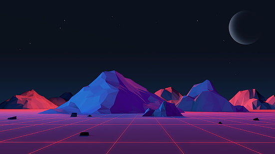  Mountains, Music, The moon, Background, Art, 80s, 80's, Synth, Retrowave, Synthwave, New Retro Wave, Futuresynth, Sintav, Retrouve, Outrun, HD wallpaper HD wallpaper
