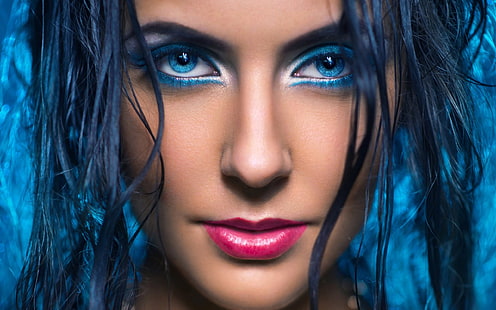 femmes, modèle, visage, portrait, maquillage, gros plan, yeux bleus, Fond d'écran HD HD wallpaper