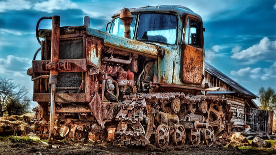 wreck, tracked, old, vehicle, abandoned, bulldozer, scrap, rust, HD wallpaper HD wallpaper