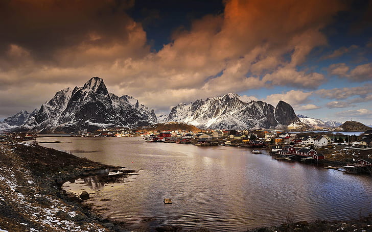 ノルウェー、山、湾、村、冬、夕暮れ、ノルウェー、山、湾、村、冬、夕暮れ、 HDデスクトップの壁紙
