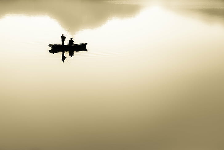 silhouette of two people in boat fishing during daytime, Melchsee-Frutt, Fishermen, silhouette, two people, boat fishing, daytime, Suisse, Switzerland, Fisher, Fisherman, Lake, Lac, Nikon D600, Sunrise, Lever, de, soleil, nautical Vessel, water, nature, river, reflection, rowing, outdoors, HD wallpaper