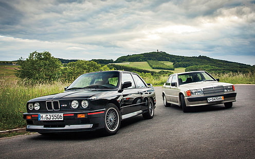 白と黒の2つのセダン、BMW E30、車、メルセデスベンツ、190e、BMW M3 E30、 HDデスクトップの壁紙 HD wallpaper
