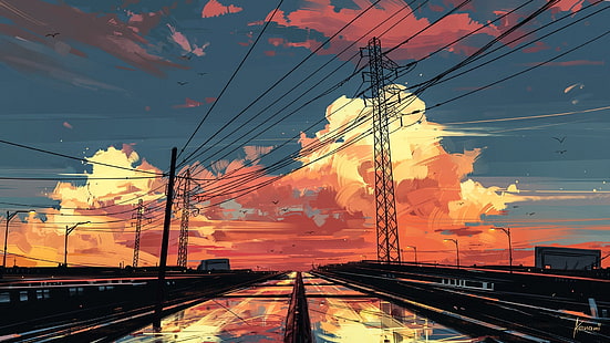 anime landskap, solnedgång, himmel, målning, natursköna, Anime, HD tapet HD wallpaper