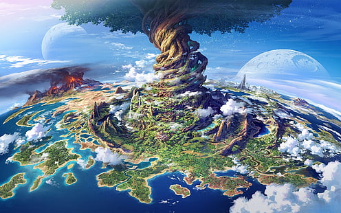 خلفية شجرة الحياة متعددة الألوان ، الأرض ، الكوكب ، شجرة العالم ، Yggdrasil ، البركان ، Etrian Odyssey ، Etrian Odyssey V، خلفية HD HD wallpaper