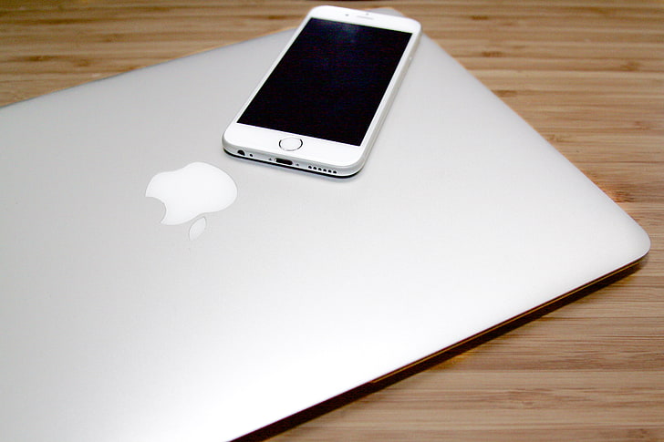 iPhone 6 perak, apel, macbook, iphone, smartphone, laptop, Wallpaper HD