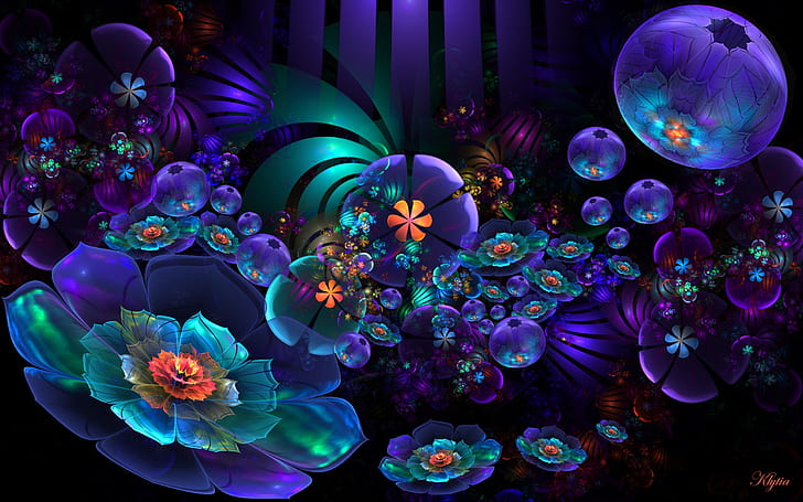ดอกไม้, ดอกไม้, นามธรรม, สีน้ำเงิน, นีออน, สีม่วง, วอลล์เปเปอร์ HD