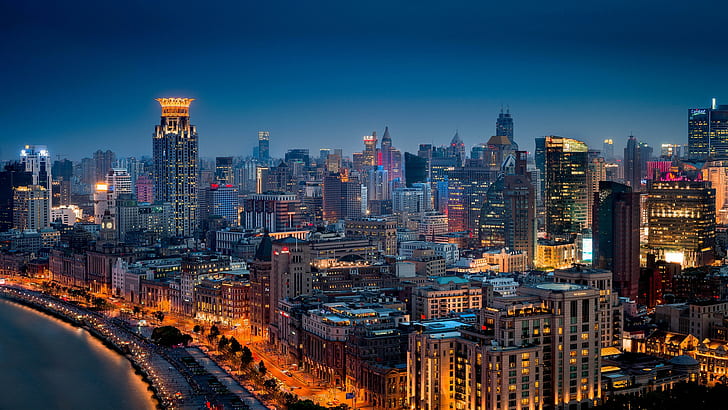 黄浦、上海、黄浦、上海、中国、夜の街、建物、ビュー、ウォーターフロント、 HDデスクトップの壁紙