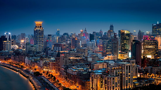 Huangpu, Shanghai, Huangpu, Shanghai, Cina, città notturno, edifici, vista, lungomare, Sfondo HD HD wallpaper